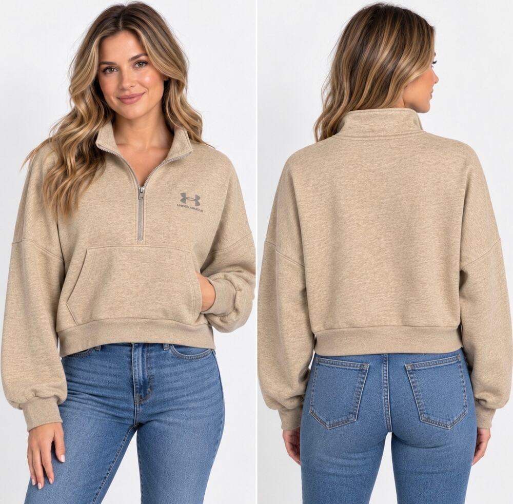 Under Armour Women’s Large Beige Cropped 1/4 Zip Pullover Sweatshirt NWT
